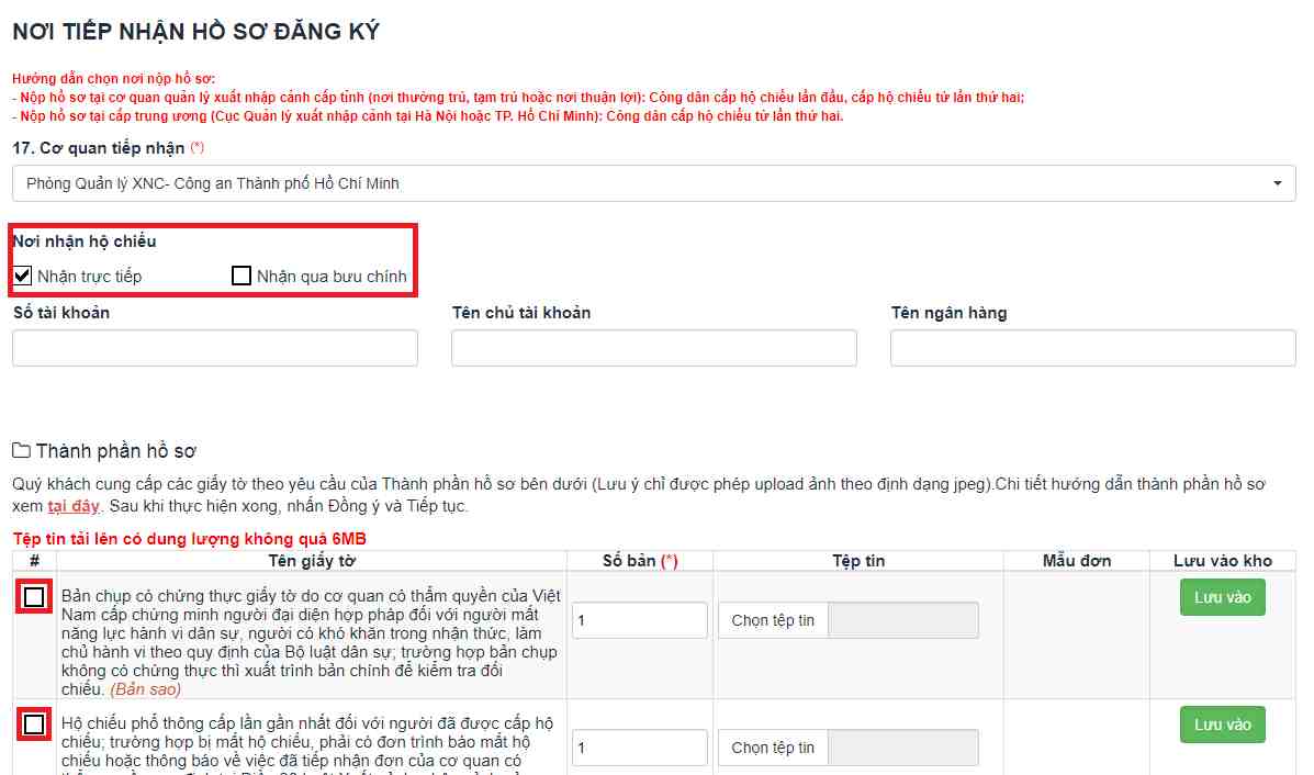 Chọn nhận hộ chiếu tại mục “Tiếp nhận hồ sơ đăng ký”