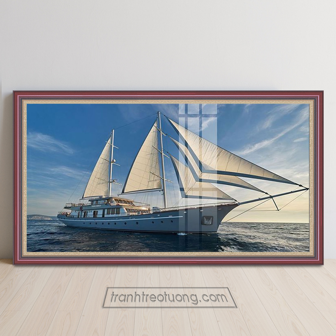 Mẫu tranh thuận buồm xuôi gió khổ lớn hình ảnh chiếc thuyền buồm lớn dáng siêu đẹp trên biển thanh bình nắng ấm