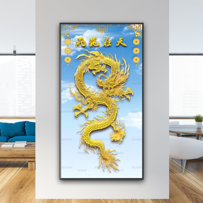 Tranh rồng vàng bay trên nền trời xanh đẹp TCR7391