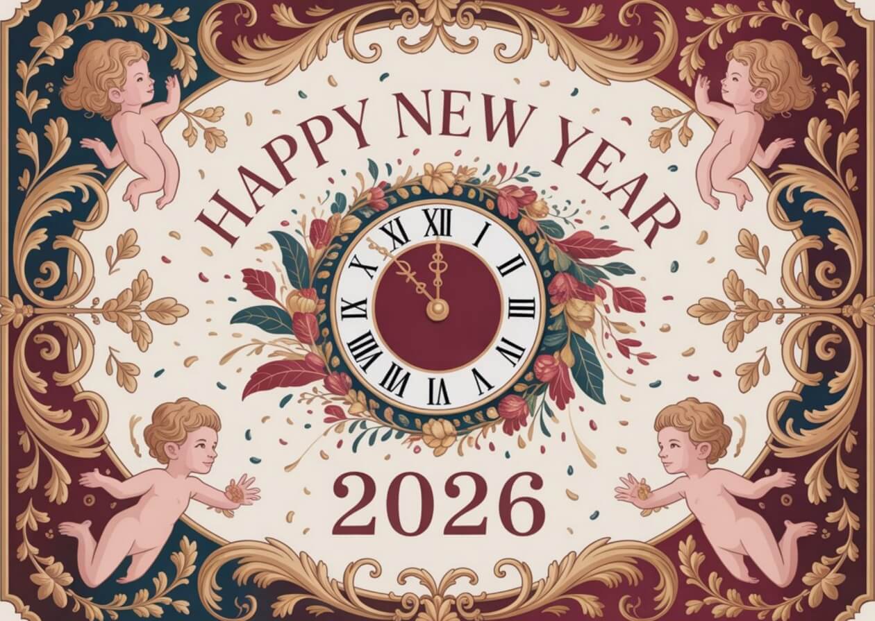 Chúc mừng năm mới 2026 với khung trang trí theo phong cách Baroque màu vàng và đỏ hoàng gia