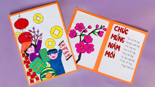 Thiệp chúc mừng năm mới với những hình ảnh quen thuộc ngày tết