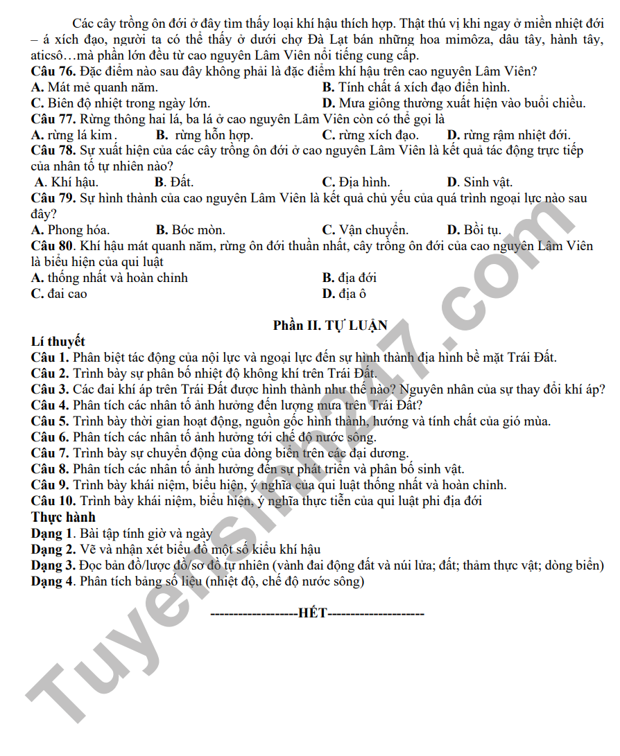 De cuong mon Dia on tap ki 1 lop 10 THPT Yen Hoa, Ha Noi 2022