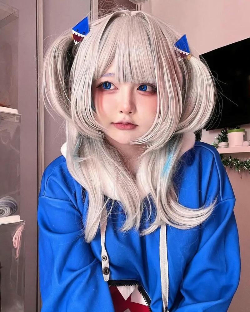 Yaoyaoqwq gawr gura cosplay áo xanh dương mũ trùm đầu xinh