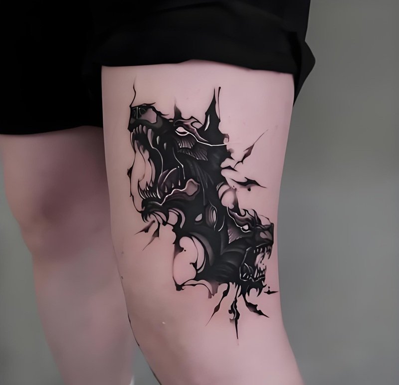 Ảnh tattoo đùi nam phong cách dark art cực kỳ nổi bật