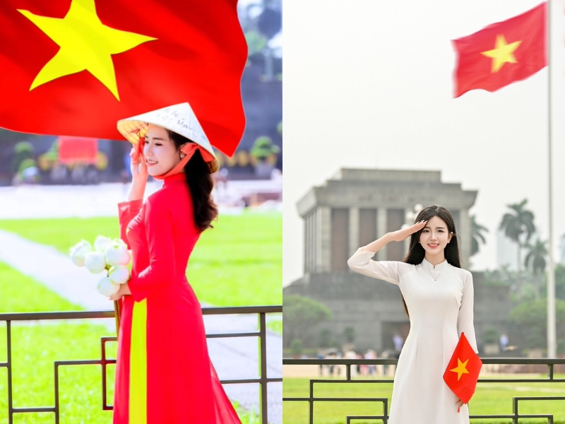 Chụp ảnh với cờ Tổ quốc
