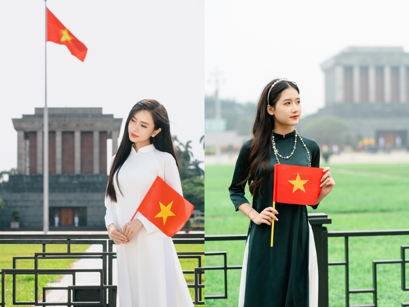 Chụp ảnh với cờ Tổ quốc