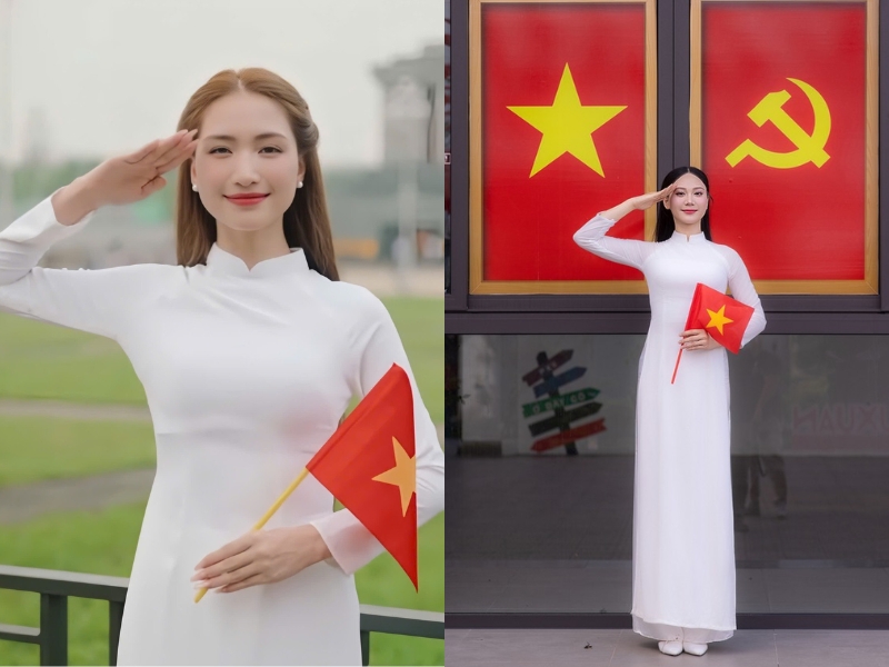 chụp ảnh tập thể cờ đỏ sao vàng