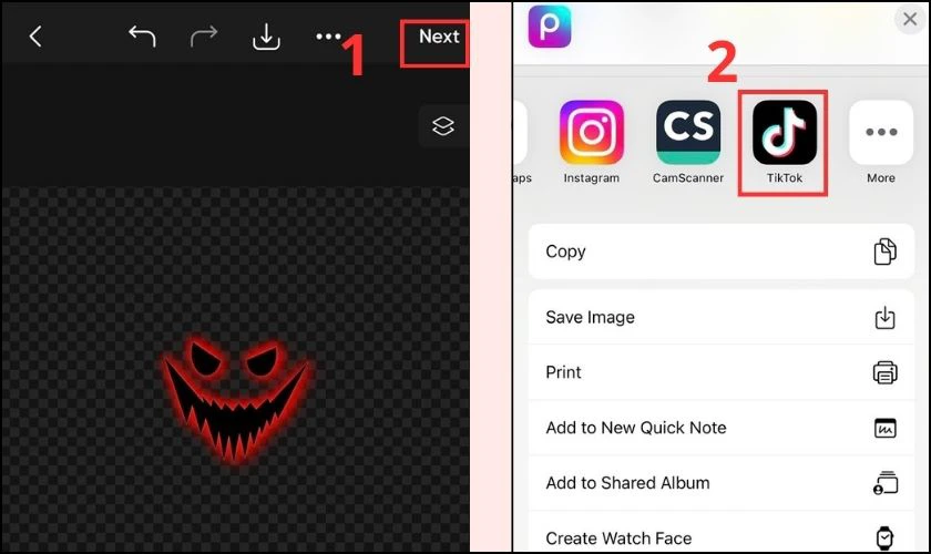 Nhấn chọn Tiếp để chuyển hiệu ứng từ Picsart sang TikTok