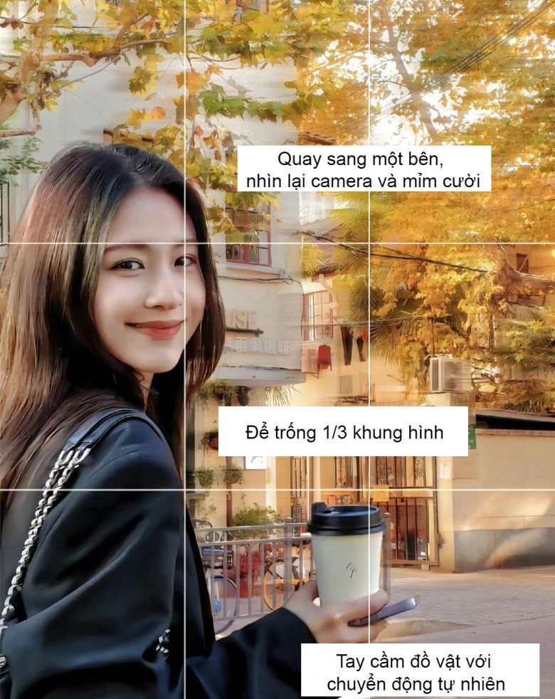Với một góc ảnh khác, chị em có thể hơi quay mặt lại nhìn vào camera, mỉm cười. Camera man căn chỉnh nhân vật ở 1/3 của bức ảnh và phần còn lại thể hiện khung cảnh của đường phố.