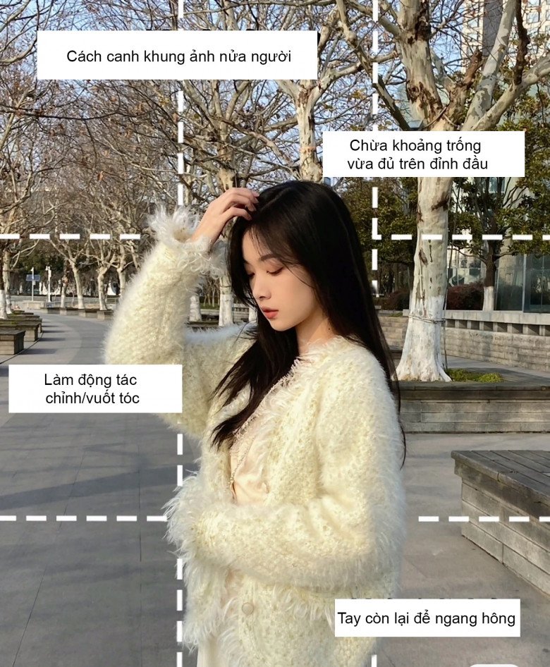 Về phía người chụp, bạn có thể đứng nghiêng 1 bên, 1 tay đặt ngang hông, 1 tay làm động tác vuốt tóc.