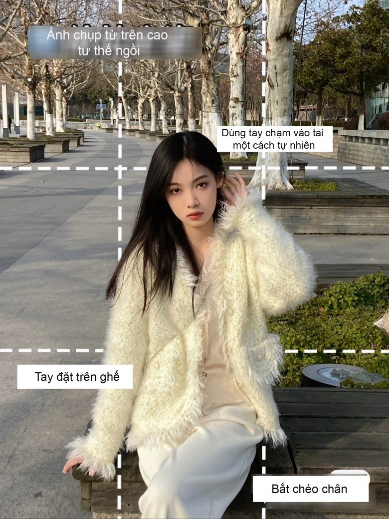 Nhân vật chính chỉ cần ngồi trên ghế đá, bắt chéo chân, một tay đặt lên ghế và một tay chỉnh tóc, mắt nhìn thẳng vào camera.