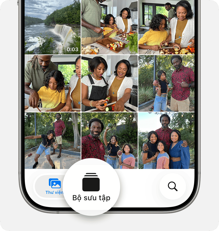 Một chiếc iPhone đang mở ứng dụng Ảnh. Bộ sưu tập nằm ở cuối màn hình, bên cạnh Thư viện.