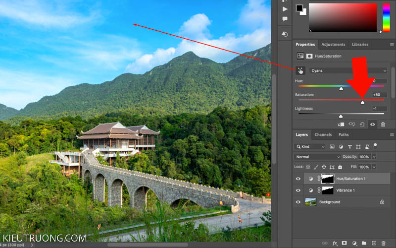 Sử dụng Hue Saturation để làm màu trời xanh hơn trong Photoshop