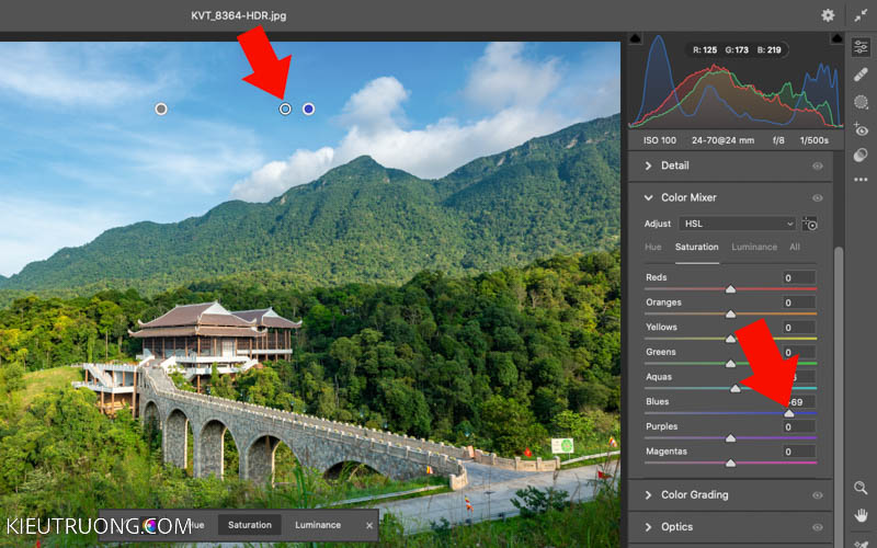 Tăng Blue để chỉnh ảnh màu trời xanh trong Camera Raw