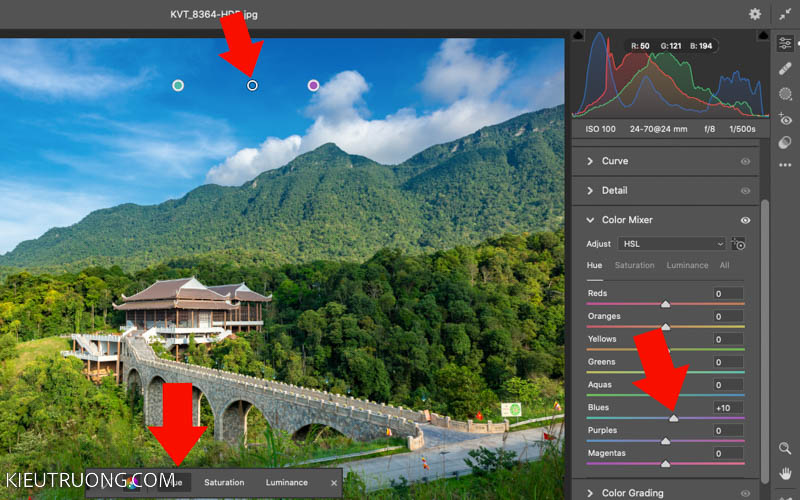 Nhấn vào Hue để thay đổi màu xanh bầu trời trong Camera Raw