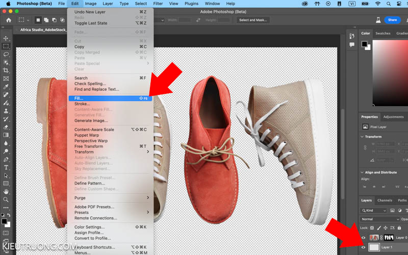 Nhấn Edit chọn Fill để tạo nền trắng cho ảnh sản phẩm