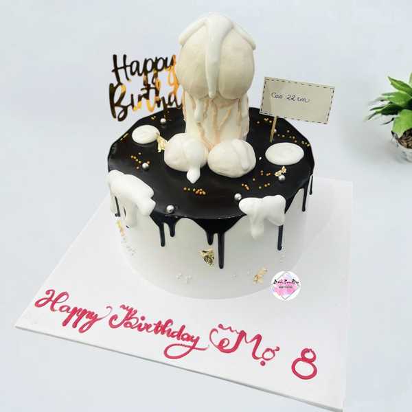 Bánh kem bựa 18+ màu trắng đen, tạo hình độc lạ hài hước, phù hợp cho sinh nhật người lớn, tiệc troll vui nhộn.