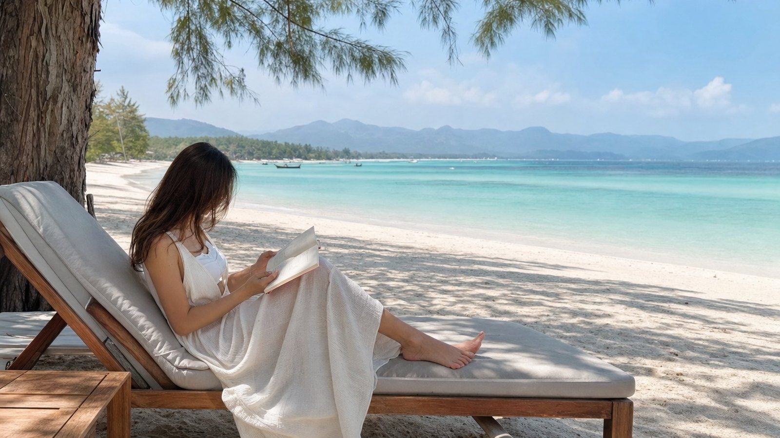 Nằm nghiêng trên cát hoặc ghế biển để tạo cảm giác thư giãn