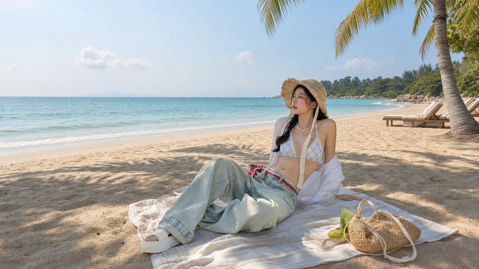 Ngồi trên cát và chống tay nhẹ phía sau để tạo cảm giác thư giãn