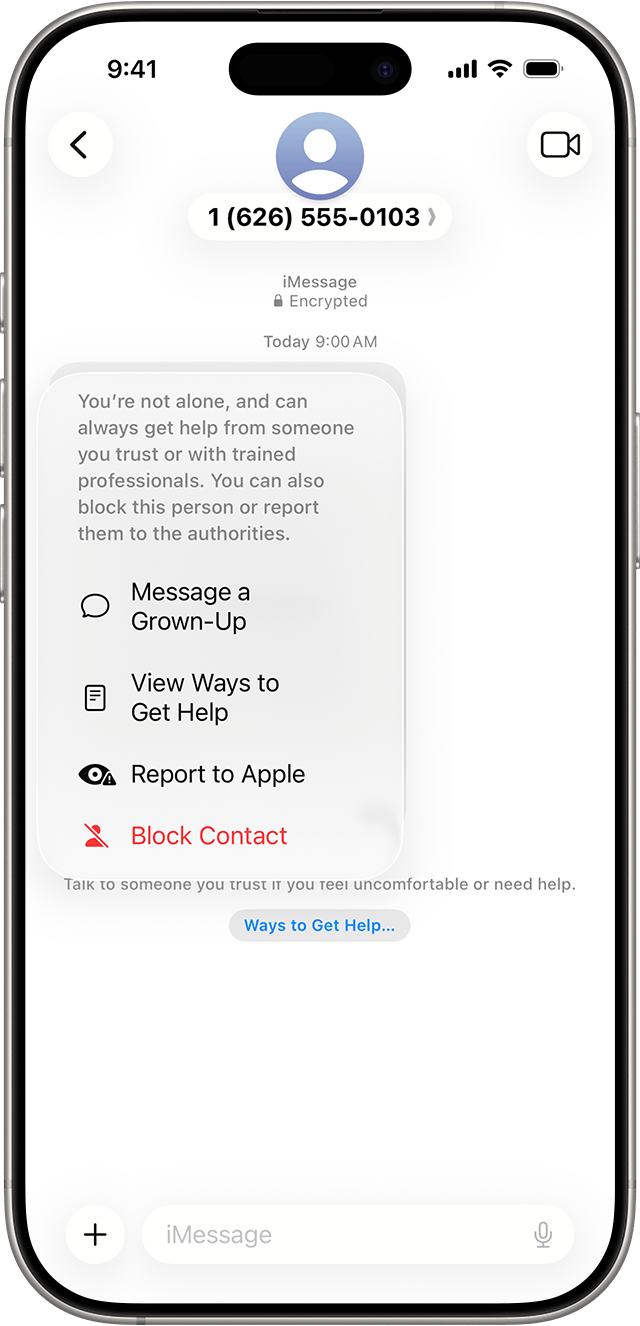 When your child receives a photo or video that appears to contain nudity, Communication Safety blurs the message and provides help.