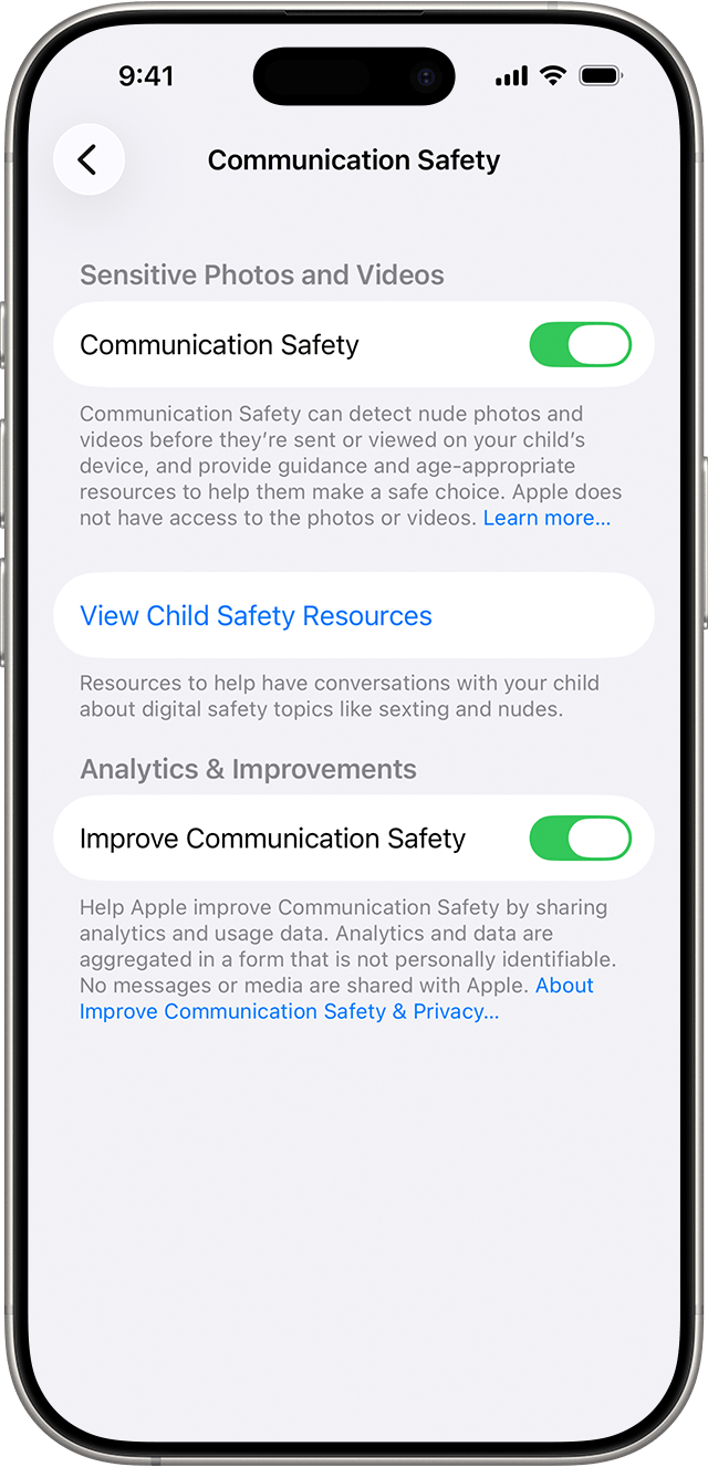 In iPhone settings, turn on Communication Safety.
