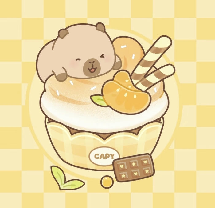 Capybara chibi với chiếc bánh khổng lồ