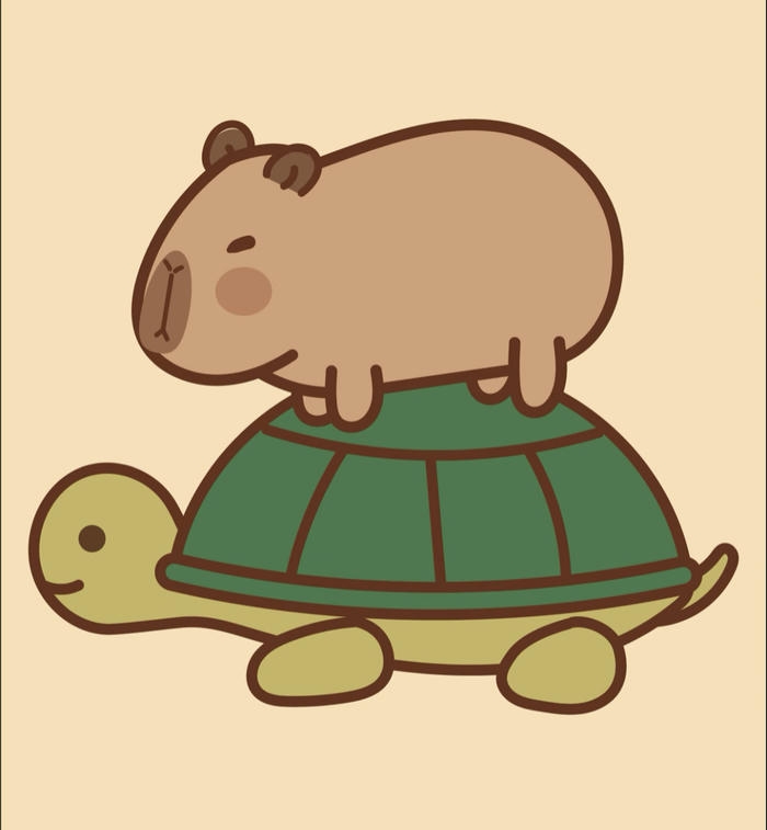 Capybara chibi đứng trên con rùa