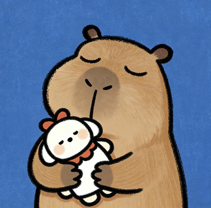 Con capybara chibi ôm thú bông
