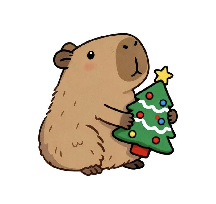 Ảnh capybara chibi ôm cây thông