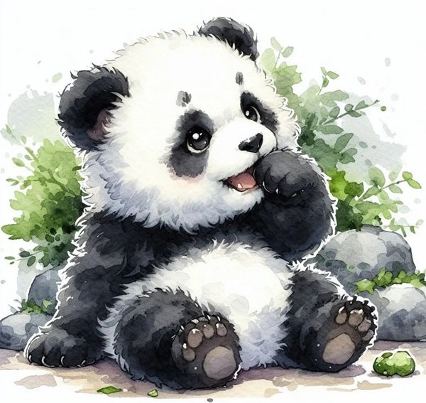 Chú gấu trúc chibi đang ôm trái tim đáng yêu