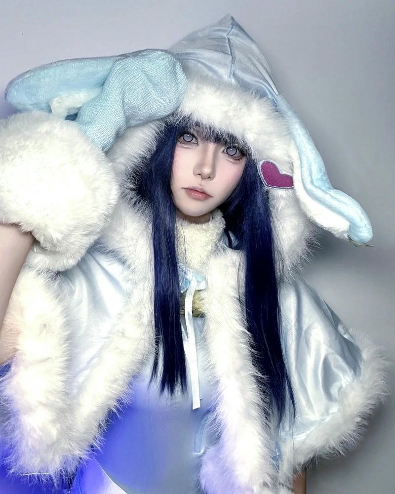 cosplay hinata đội mũ trùm đầu lông thú trắng