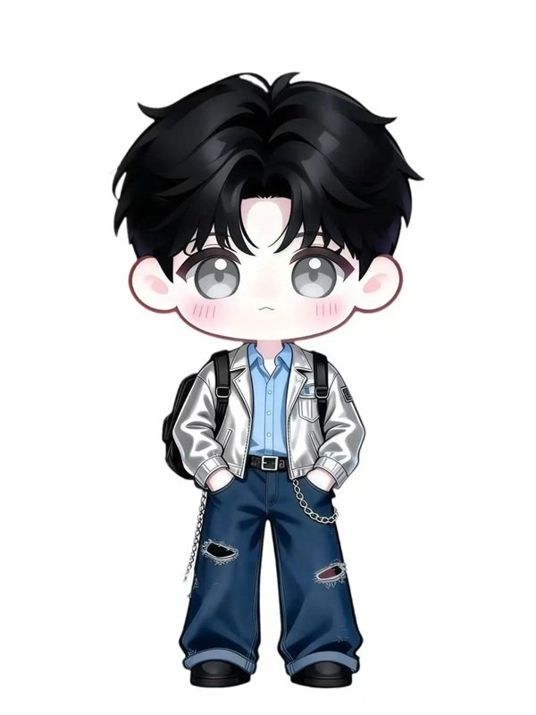 Học sinh chibi cầm sách đứng trong sân trường