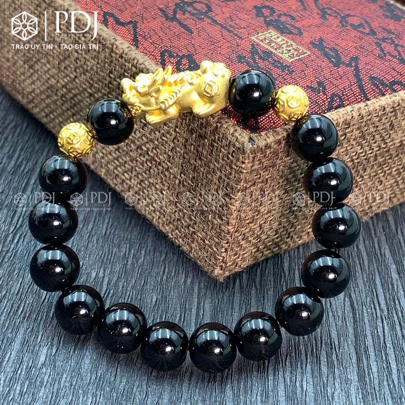 Vòng đá thạch anh đen 10 ly charm tỳ hưu bạc si PDJ
