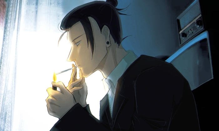tấm ảnh anime hút thuốc đang châm lửa