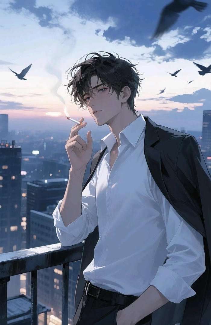 bức hình anime hút thuốc đơn độc giữa thành phố