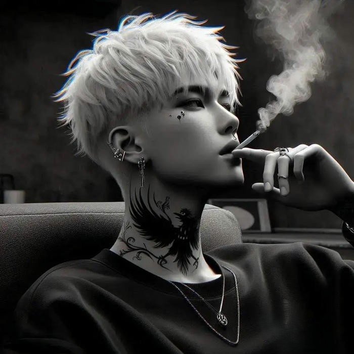 Ảnh avatar siêu ngầu nam tóc trắng hút thuốc trắng đen