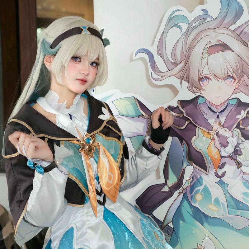 Cosplay Trung Quốc váy đỏ tóc trắng ngồi trên sàn