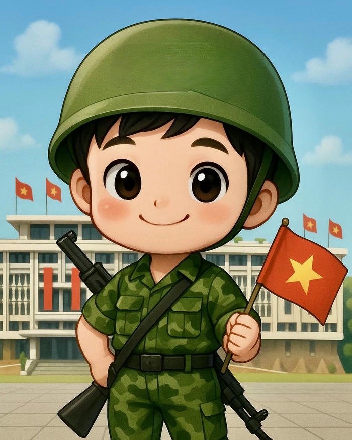 Hình ảnh chú bộ đội chibi cầm súng trường mắt to