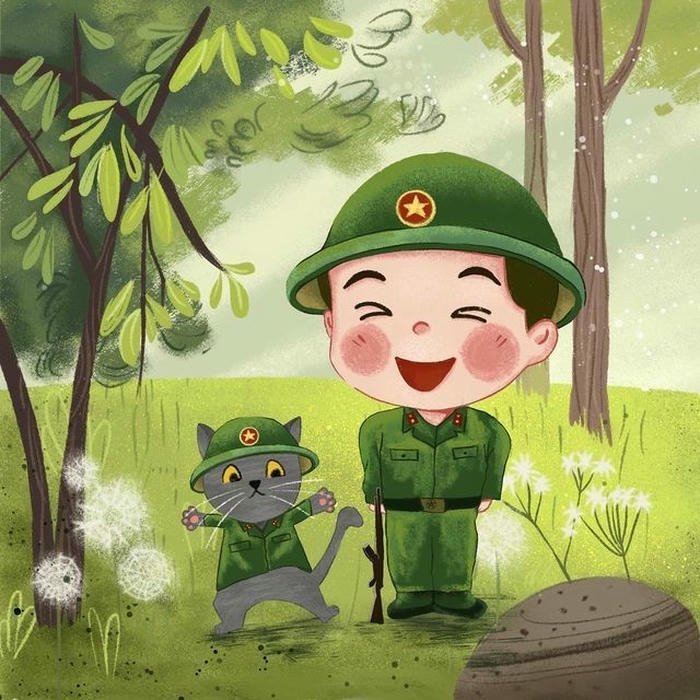 Hình ảnh chú bộ đội chibi đứng trong rừng cạnh mèo