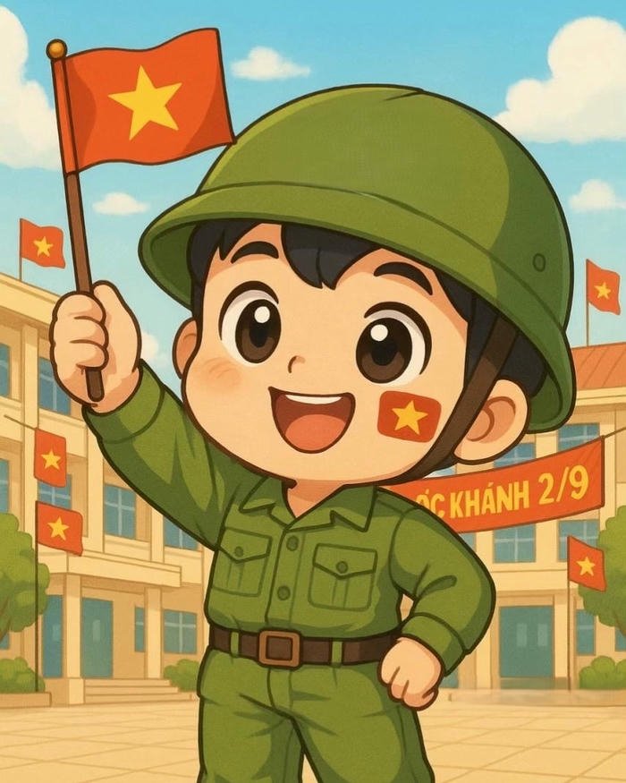 Hình ảnh chú bộ đội chibi đứng trước lăng chủ tịch