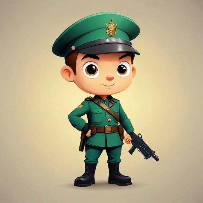 Hình ảnh chú bộ đội chibi trang bị súng đứng nghiêm