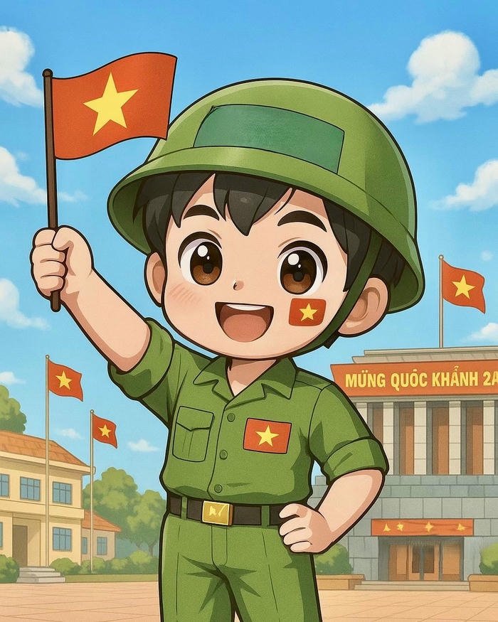 Hình ảnh chú bộ đội chibi vẫy cờ đỏ sao vàng