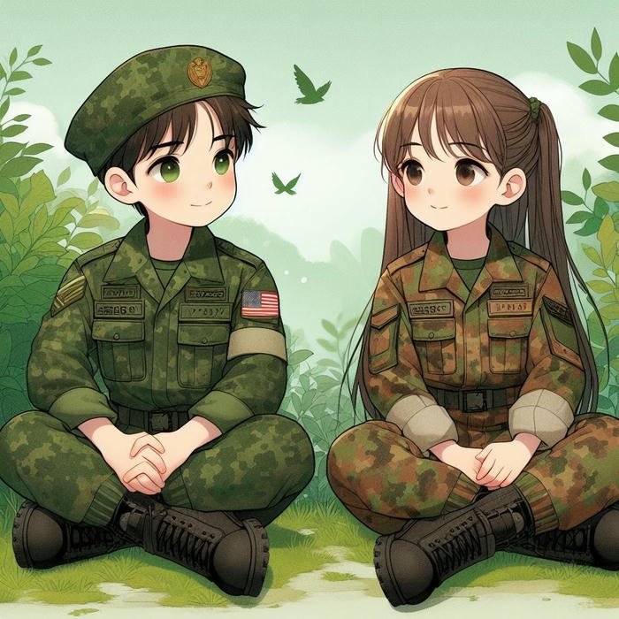 Hình nền chú bộ đội chibi nam nữ ngồi tâm sự