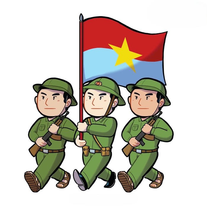 Tranh vẽ chú bộ đội chibi ba người bước đi đều