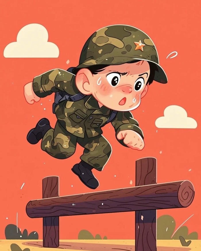 Tranh vẽ chú bộ đội chibi nhảy vượt rào tập luyện