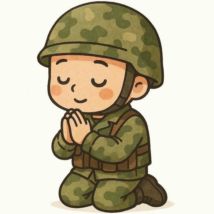 Tranh vẽ chú bộ đội chibi quỳ gối chắp tay cầu