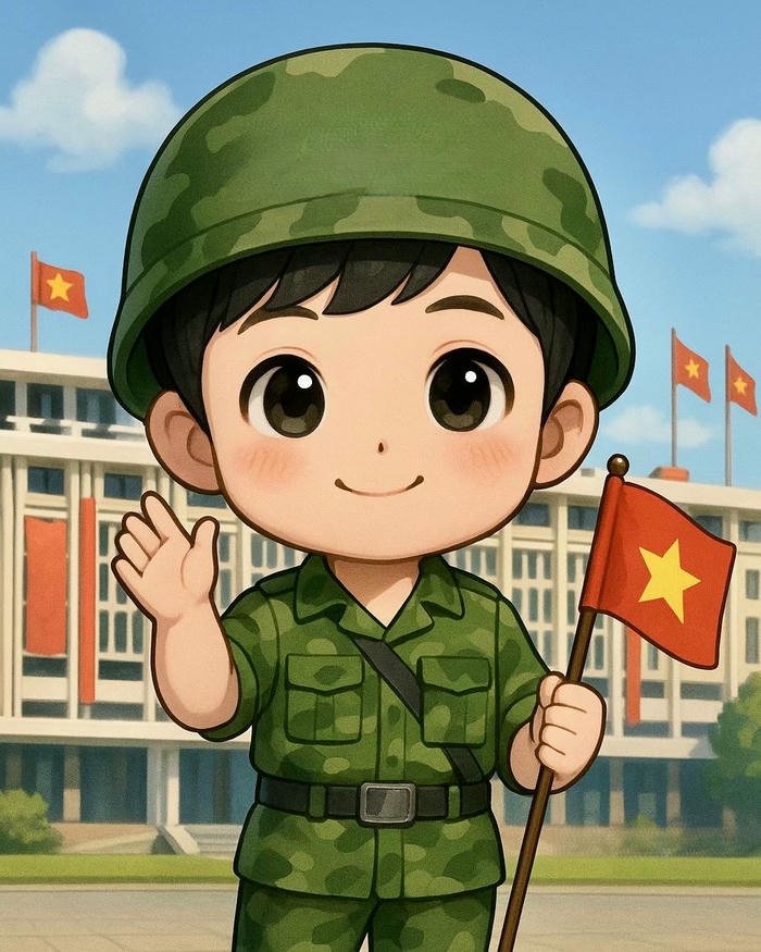 Chibi bộ đội cute vẫy tay chào trước tòa nhà lớn