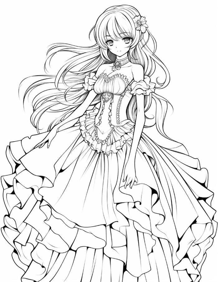 Hình ảnh Anime không màu mặc váy lộng lẫy