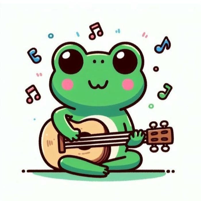 Hình ảnh chú ếch hoạt hình chơi đàn ukulele vui nhộn
