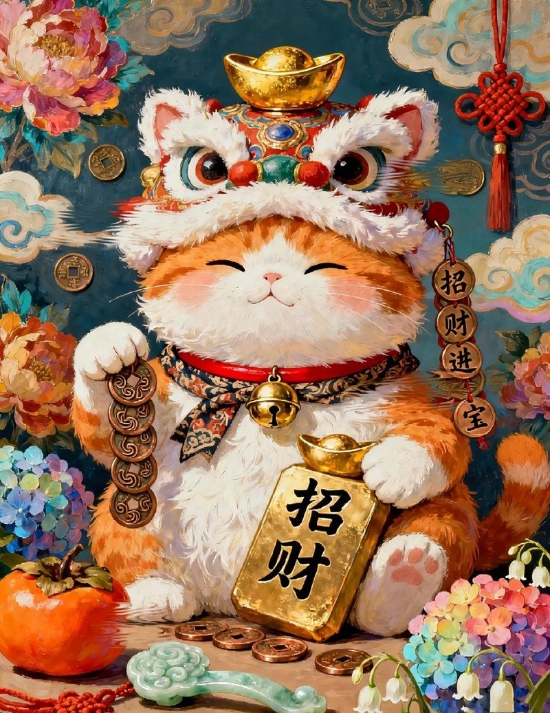 Mèo Maneki Neko chibi với thiết kế dễ thương